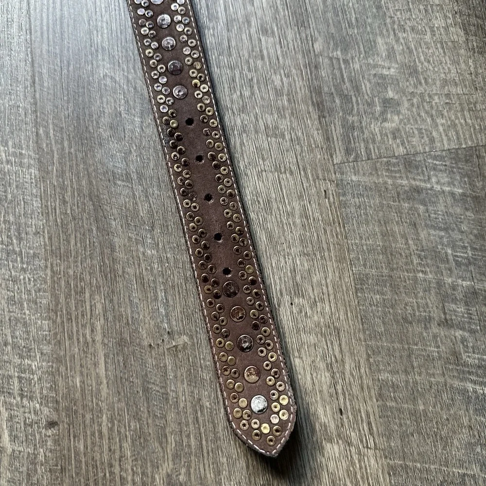 amsterdam heritage Brown leather belt Blue Metal Studs Sundance Catalog 85